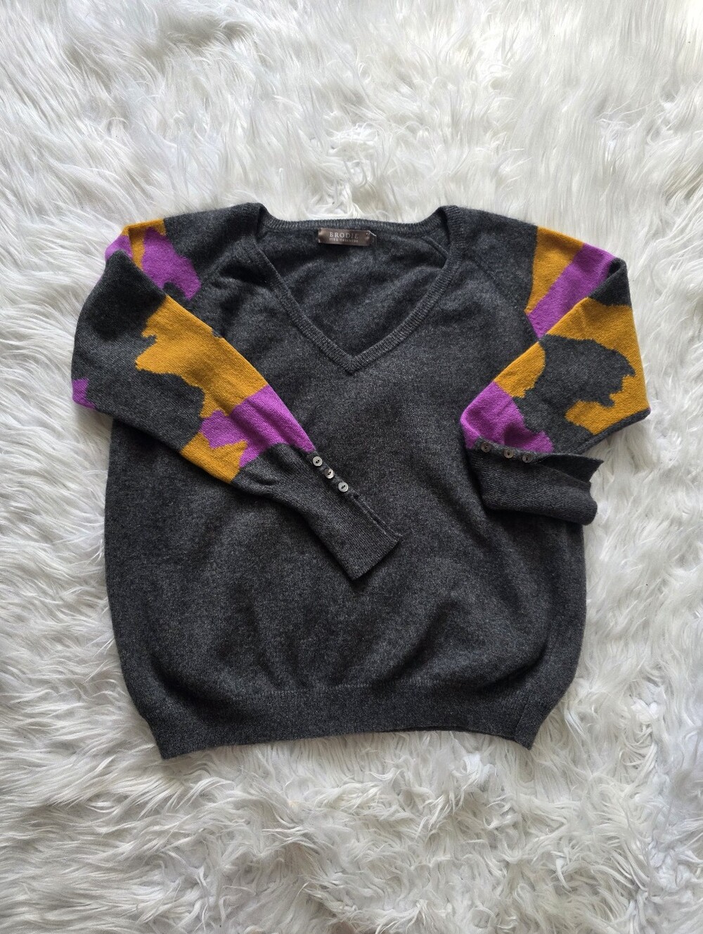 Brodie Cashmere Charcoal V-Neck Sweater with Purple & Mustard Sleeve Blocks
